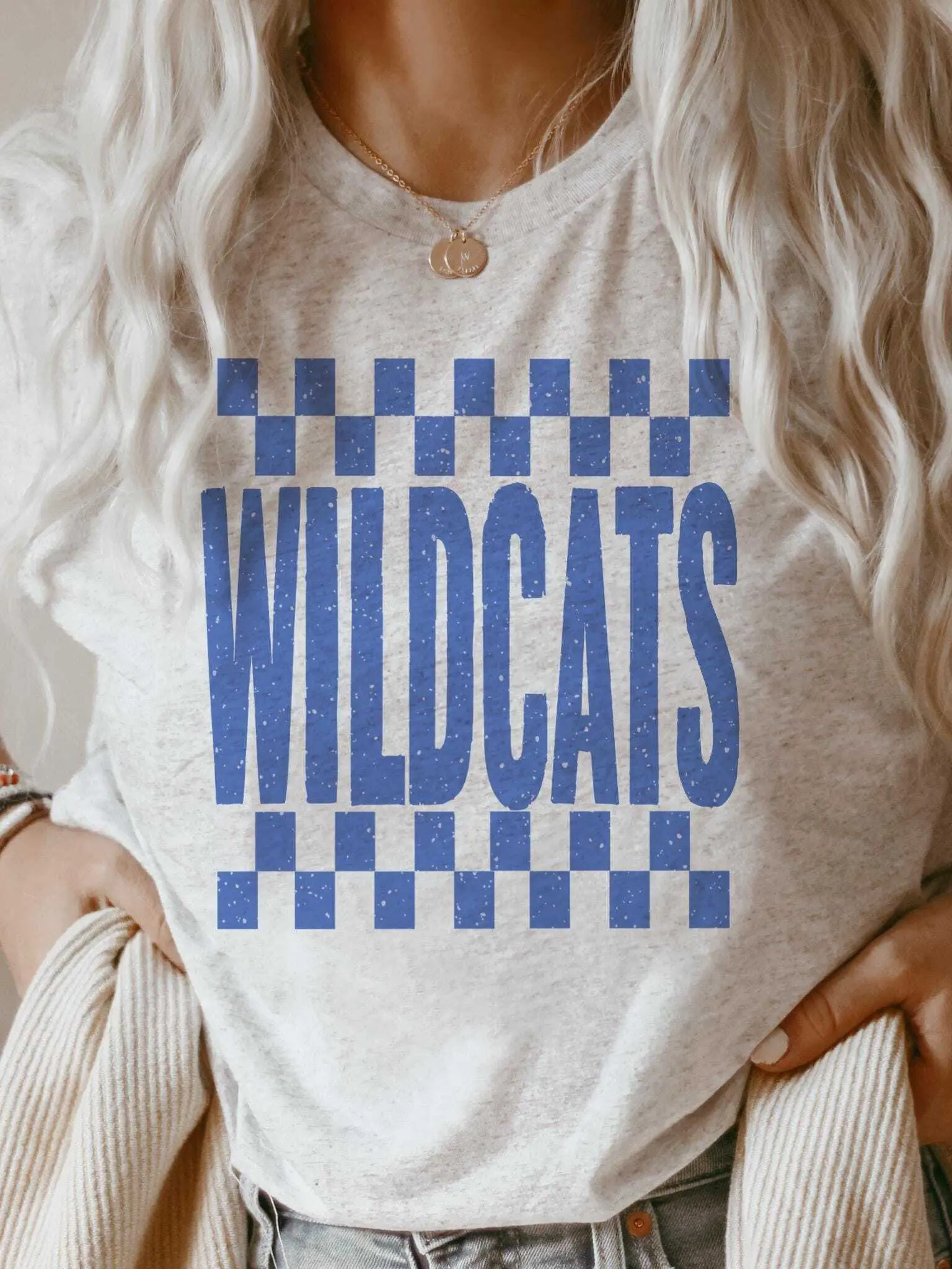 Wildcats School Spirit Shirt, Blue Checkerboard Mascot Tee, Vintage Sports Graphic T-Shirt, Game Day School Shirt, blue Wildcats Tshirt Cotton Trending