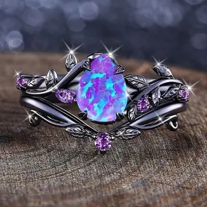 2026 New Water Drop Synthetic Opal Vine Leaf Ring Elegant Bridal Wedding Band Luxury Jewelry for Anniversary Birthday Gift #summervibes