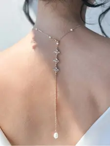 Artificial Pearl Back Chain Necklace,Leaves Rhinestone BackDrop Jewelry,Wedding Bridal Long Pearl Back Necklace Jewelry for Women Backless Dress