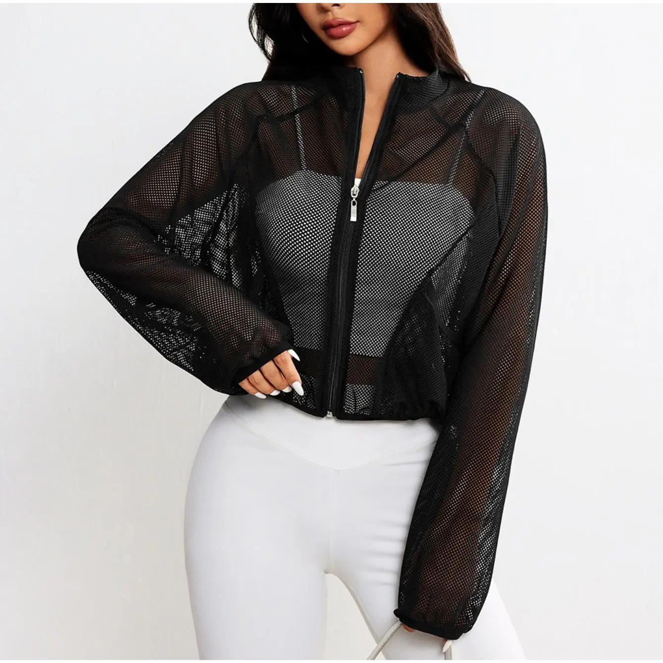 Yoga jacket, mesh sports top, breathable, fashionable, versatile, simple solid color, light and thin, elegant and super versatile top Athletic Outerwear