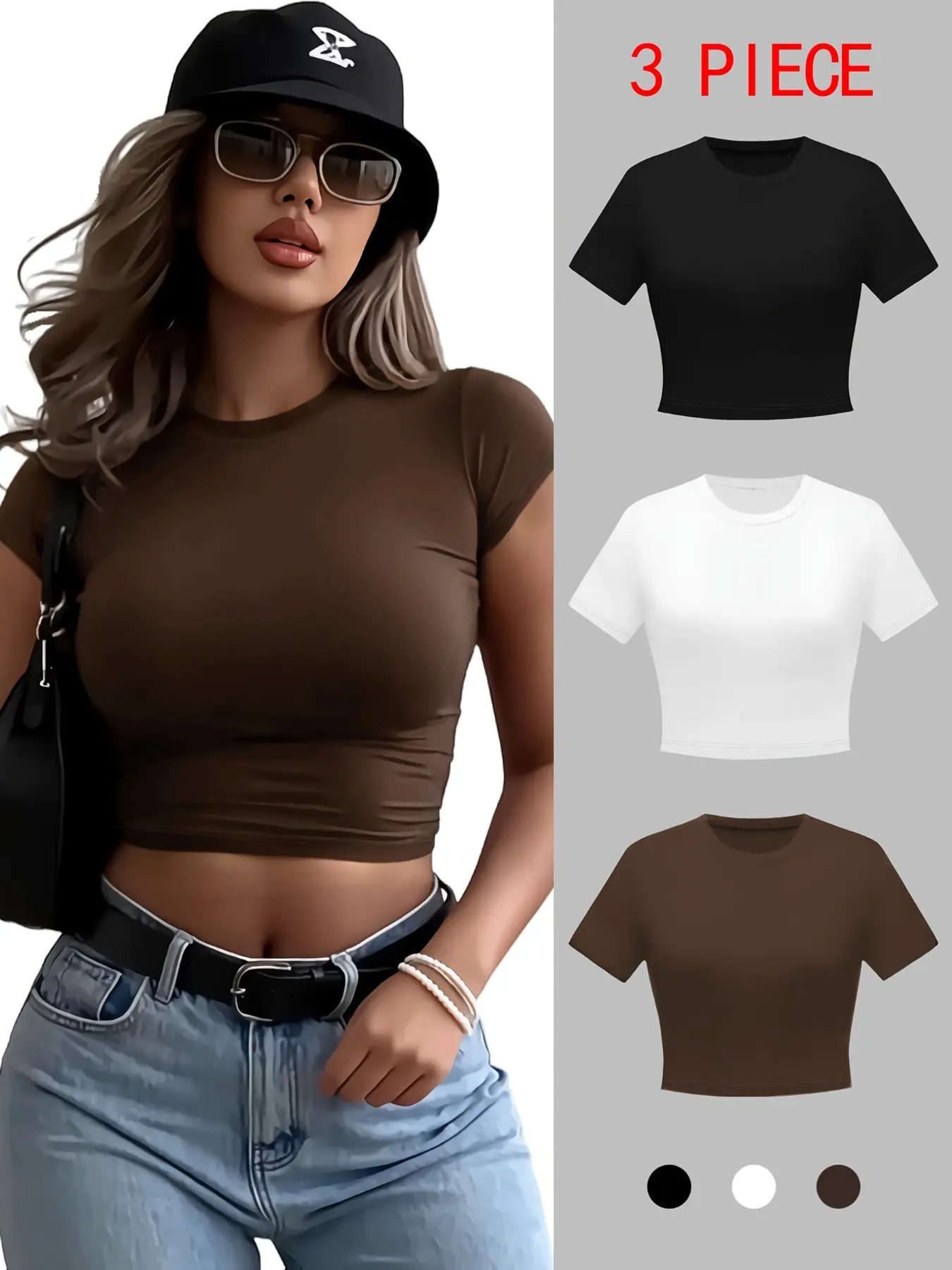 Basic Casual Everyday Wear Summer Streetwear Minimalist Form Fitting Crop Top 3 Piece Set - Black White Brown Short Sleeve Cropped Tees Women