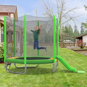 7FT trampoline with safety fence net, slide and ladder, easy to assemble, regular hexagonal outdoor leisure trampoline