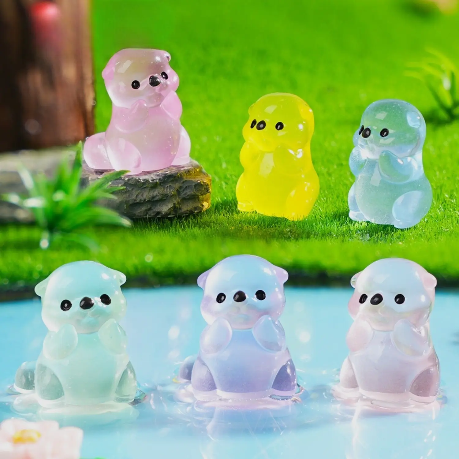 Mini Resin Glow-In-The-Dark Otters, 6/12/24 Pieces, Night Light Figurines, DIY Birthday Party Figure Decor, Magical Party Gifts, Garden Accessories, Animal Decorations, Resin Animals, Resin Animal Ornaments