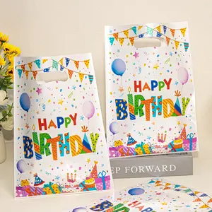 50 Birthday Happy Plastic Gift Bags, Colorful Balloon and Banner Design, with Handle, Perfect for Party Favors and Goodie Bag Packaging, Party Favor Packs