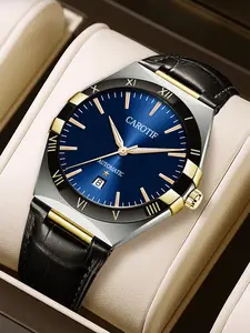 Carotif Men's Automatic Watch with Black Leather Strap & Blue Dial - Constellation Design for Students - Fashionable & Reliable