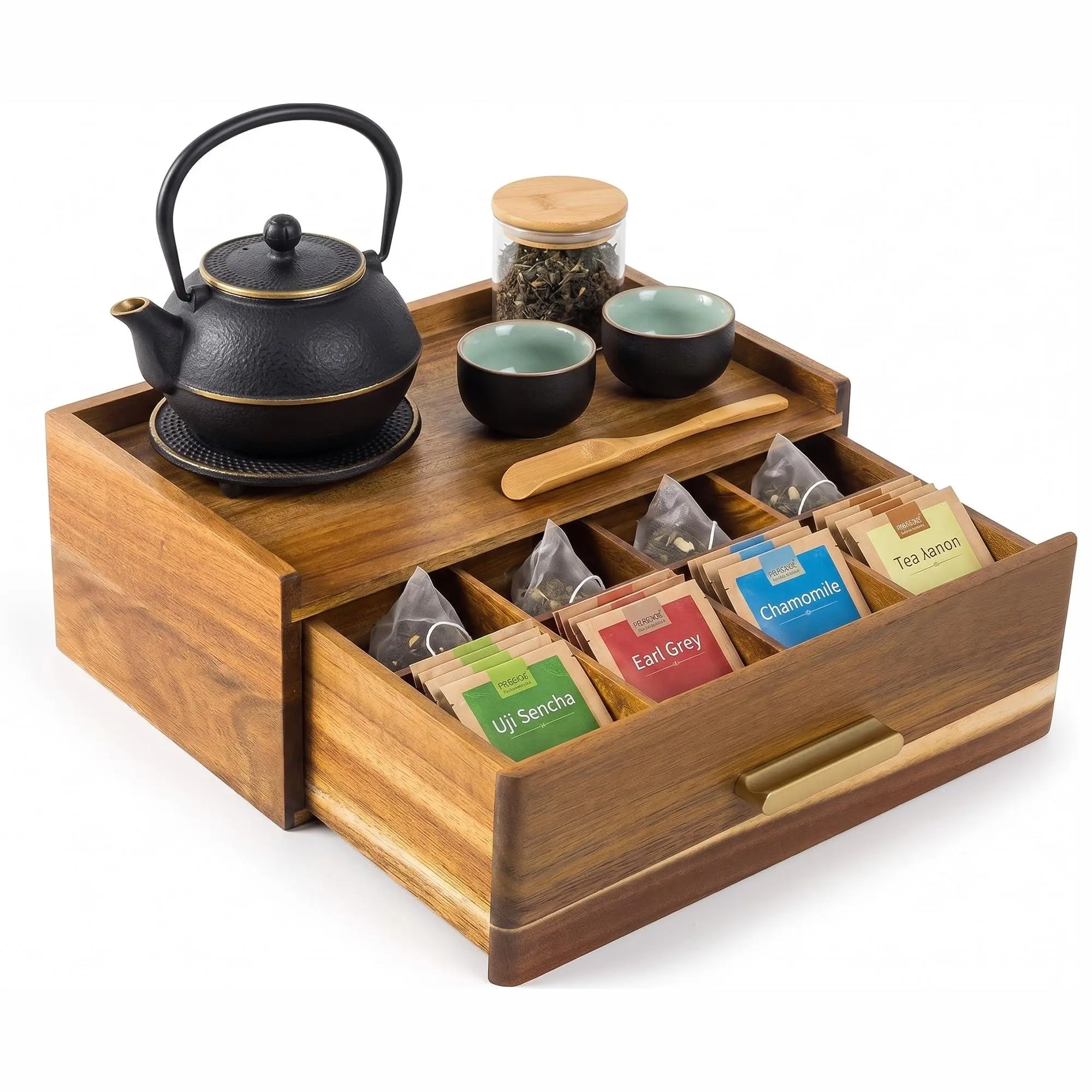 Wood Tea Storage Box, Tea Bag Organizer Drawer with Divided Compartments, Wooden Tea Bag Holder for Countertop, Multi‑Slot Tea Caddy for Coffee Pods, Home Kitchen & Office