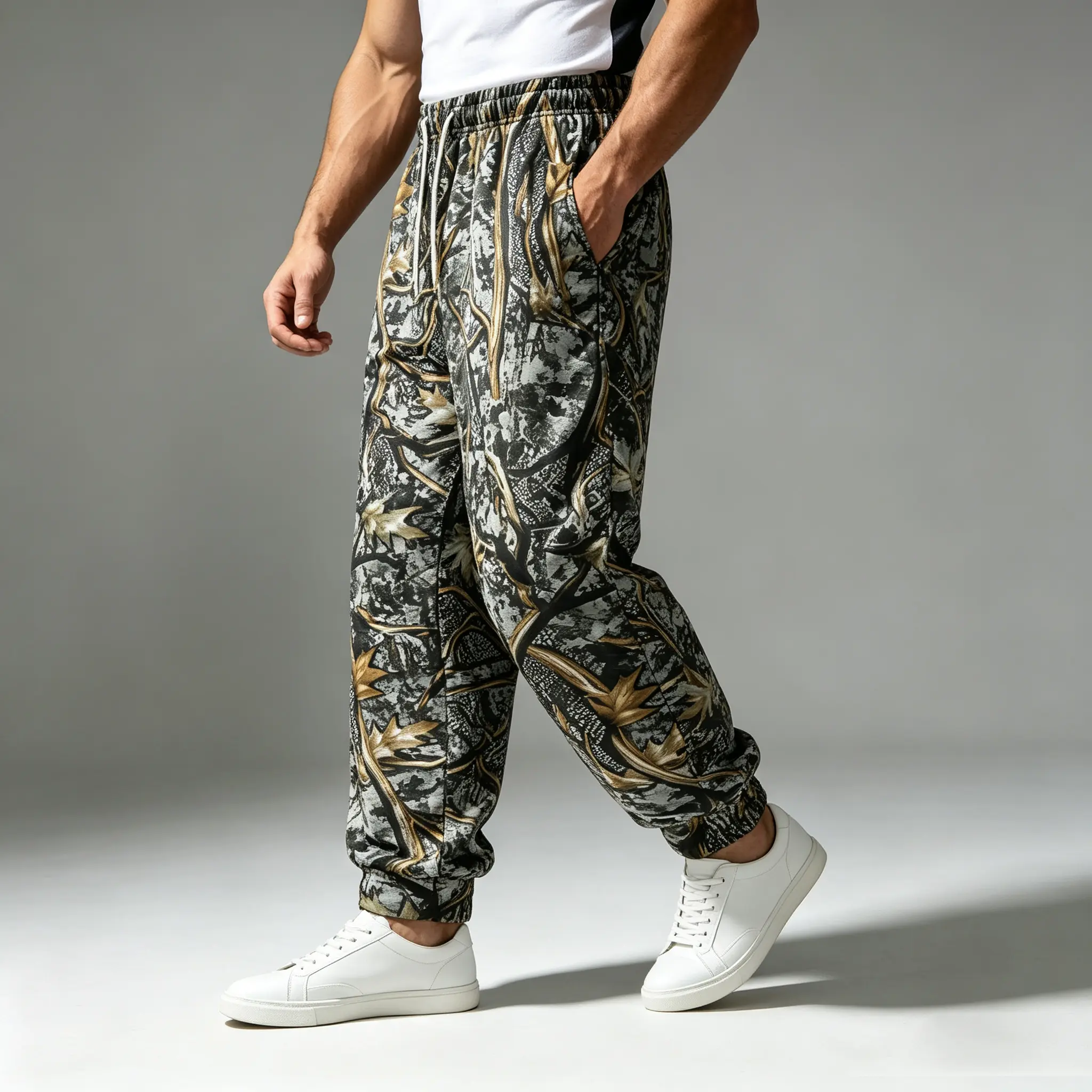 Men's Retro Jungle Maple Leaf Camo Jogger Sweatpants - Loose Fit, Drawstring High Waist, Spring-Autumn Outdoor Streetwear Athletic Long Pants, Men's Sweatpants