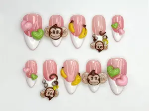 Alice WonderNails – Cute Monkey Pink Press On Nails | 3D Banana & Heart Nail Art | Kawaii Jungle Cartoon Nails | Fun Handmade Nail Set – AW288