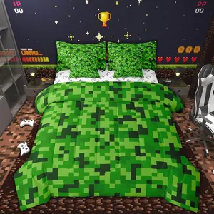 Gamer 7Pcs Comforter Set Video Games Bedding Set,Kids Boys Girls Teens Room Decor,Cartoon Gamepad Bed in a Bag Modern Geometric Check Flat Fitted Sheet