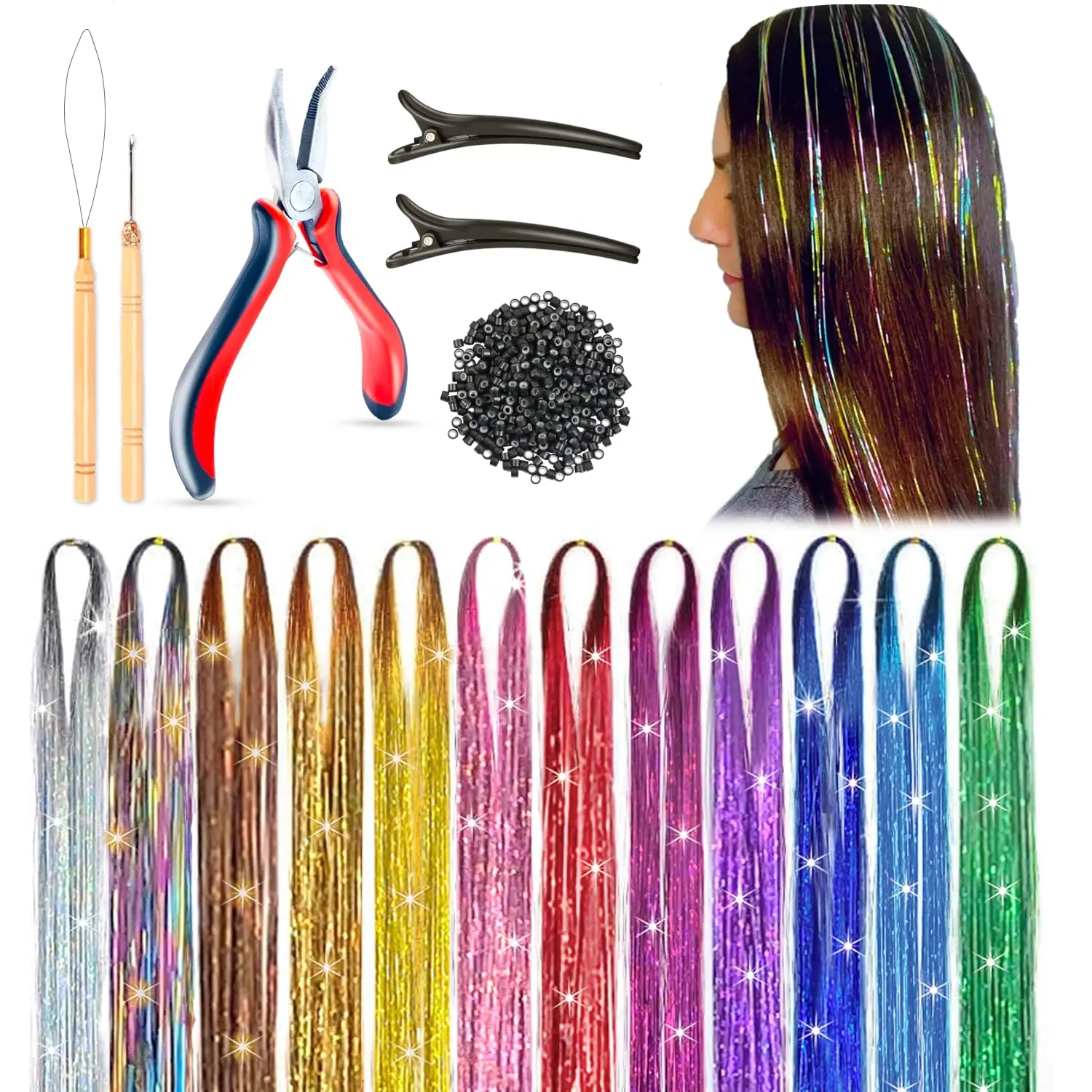 Synthetic Tinsel Hair Extensions Accessories Kit - 2880 Glitter Strands, 12 Dazzling Colors, 48-in Heat Resistant - Durable Glamour Extensions with Tools & Beads for Women
