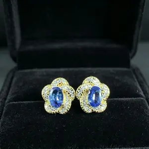 <PingEast jewelry > EDP207----Elegant 925 Sterling Silver Floral Stud Earrings in Gold Tone, Set with 4x6mm AAAA Natural Tanzanite – Comes with Certificate
