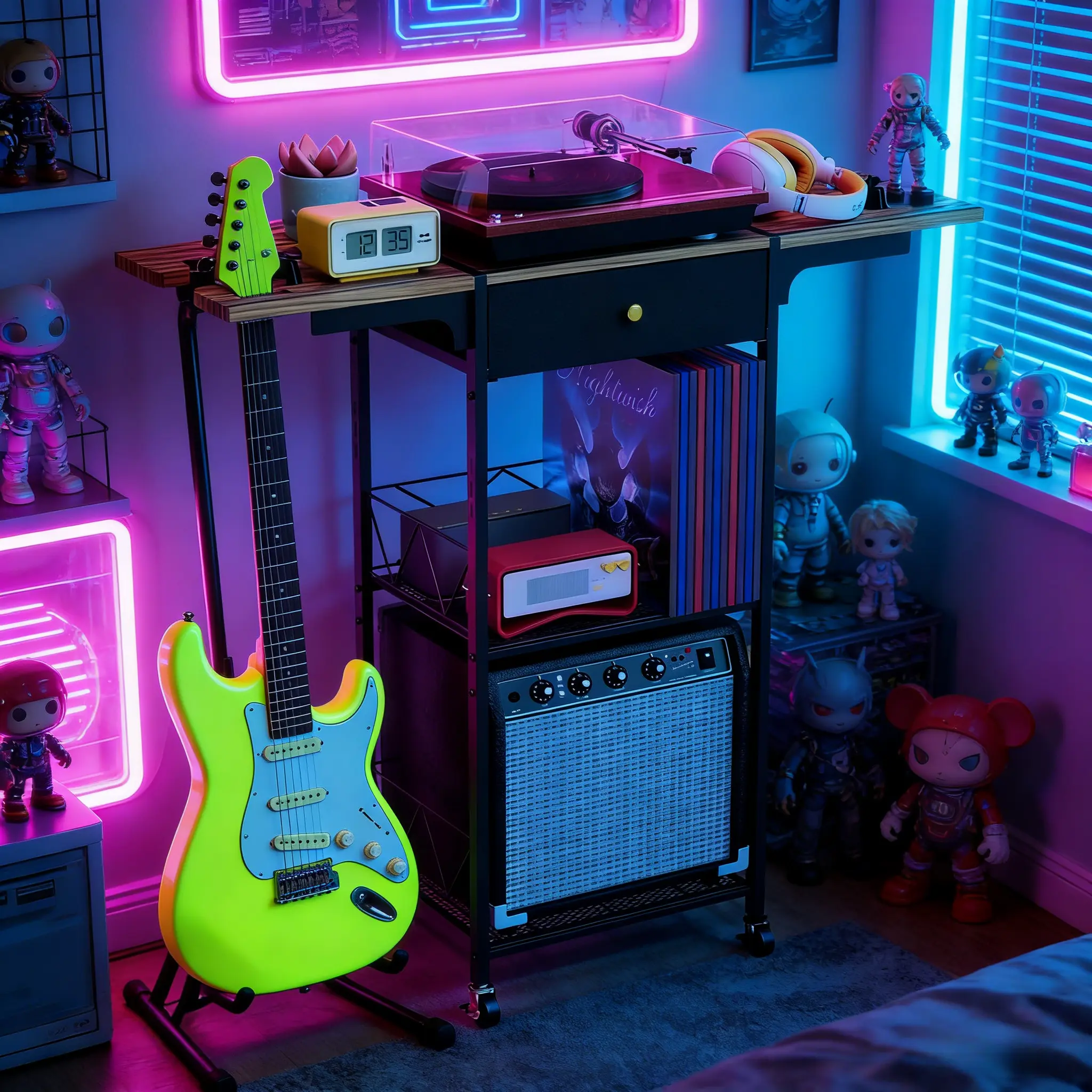 SICANDAENHK Multiple Guitar Rack - 3-Tier Rectangle Metal Rolling Rack, 2-Layer Amplifier Shelf, Drawer, Lockable Wheels, Durable Home Organizer for Minimalist Music Rooms
