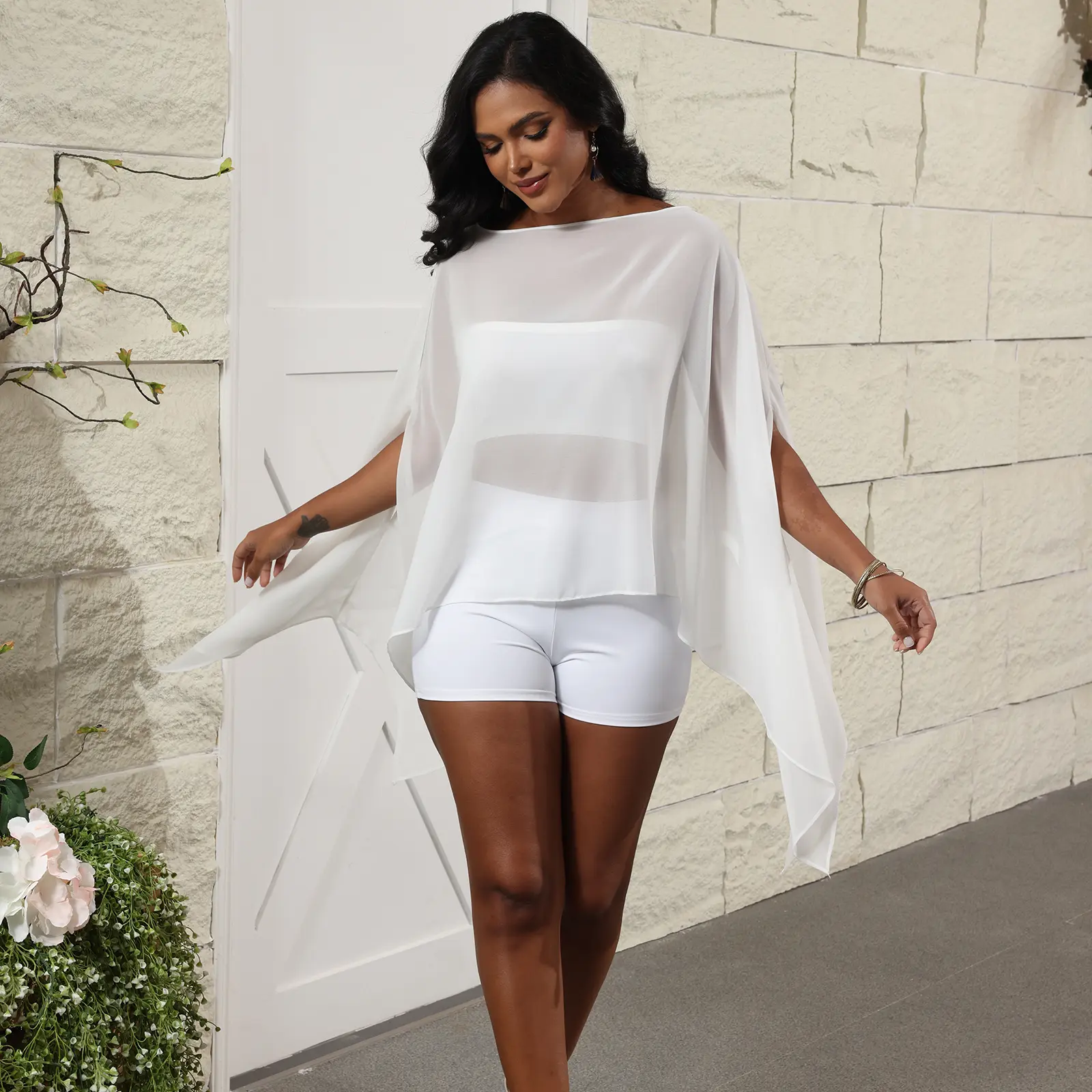 2 Piece Outfits See Through Asymmetrical Oversized Poncho Tops and Skinny Shorts Sets Cover Ups For Women  Flowy Sexy Clothes Womenswear