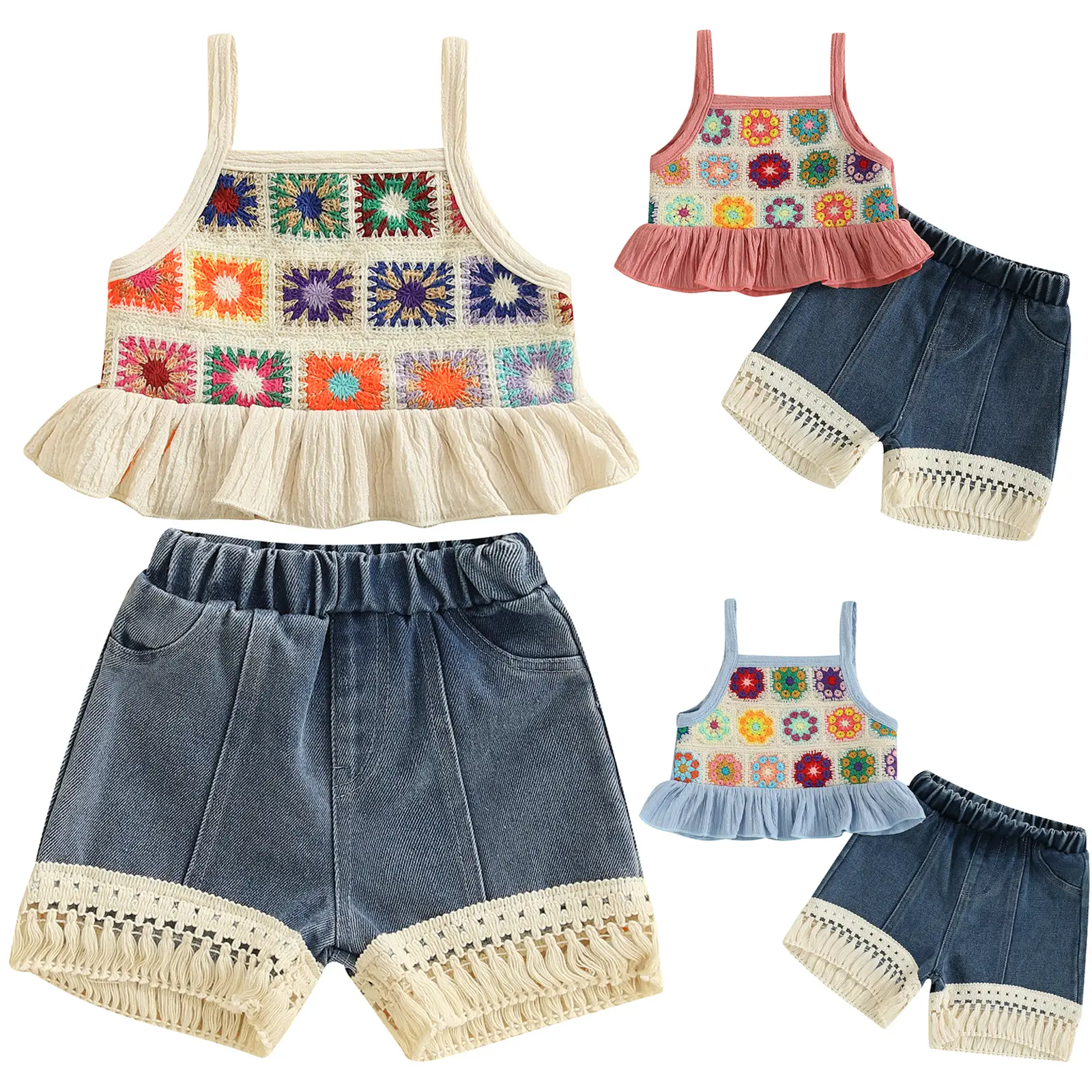 Toddler Girls Two Piece Outfits Crocheted Flowers Fruit Ruffled Camisole Tops Elastic Waist Tasseled Denim Shorts Pants Baby Kids Summer Clothes