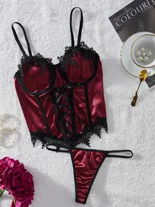 Women's Sexy Lace Trim Underwire Bra & Garter Belt Panty Satin Underwear Set, Romantic Comfy Breathable Lingerie Set for Daily Wear, Women's Underwear for All Seasons, two piece set,sneaky lingerie,lenceria sexi mujer,silk pijama,college pjs,baddie,bargai