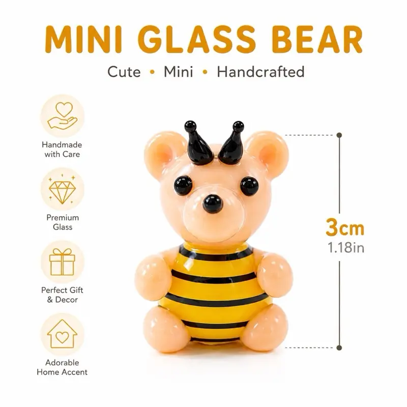 Mini Glass Bee Bear Figurine | Handmade Glass Animal Decor | Cute Collectible Gift for Home & Desk