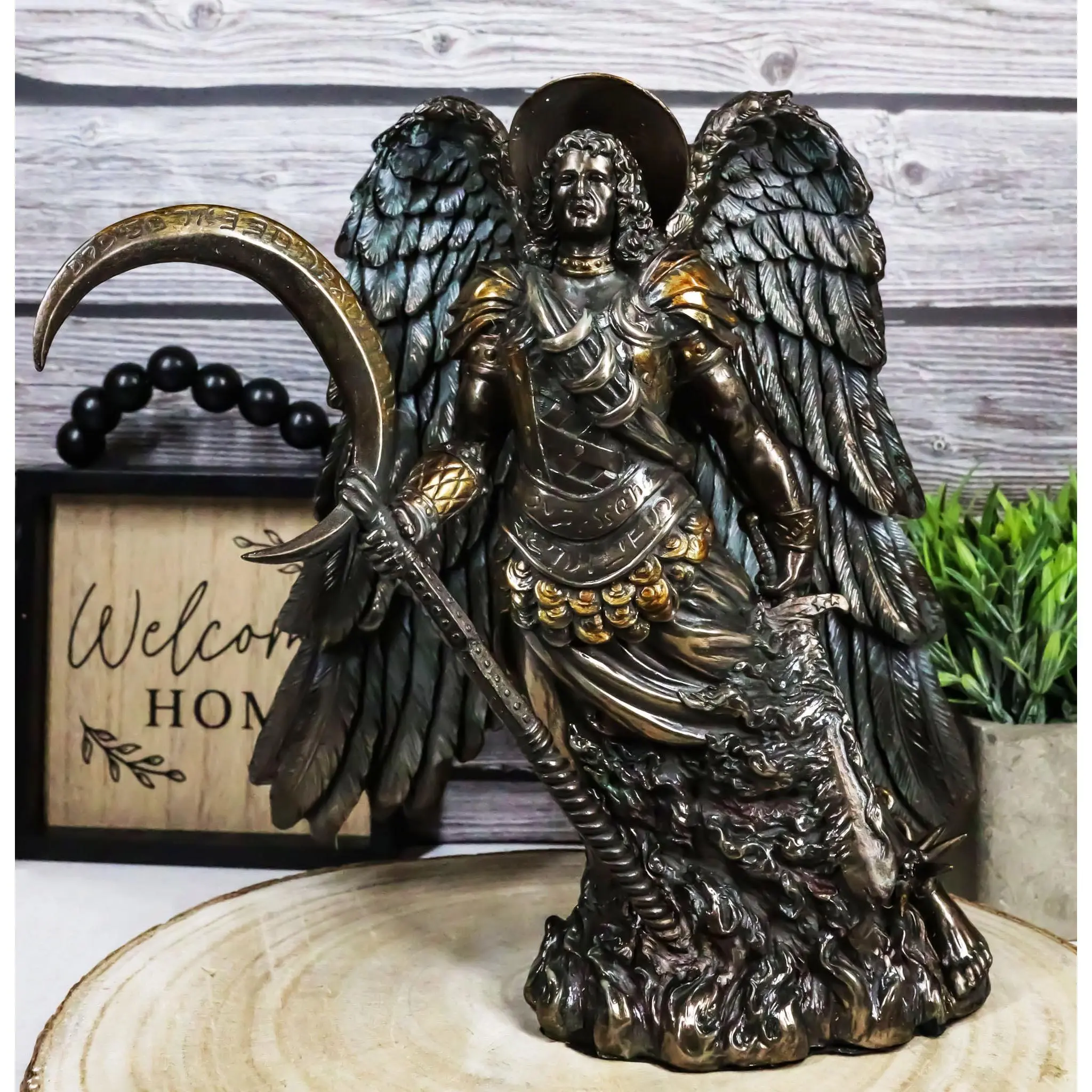 Religious Catholic Church Archangel Saint Gabriel Figurine, 10" Tall Statue with Crescent Moon, Home Decor for Baptism
