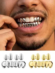 Gold Silver Teeth Jewelry For Men Gold Tooth Cap Hip Hop Outfits Teeth Accessories Jewelry Top & Bottom Charm Grills Halloween Custom Rapper Accessories Teeth Kit Tooth Gems