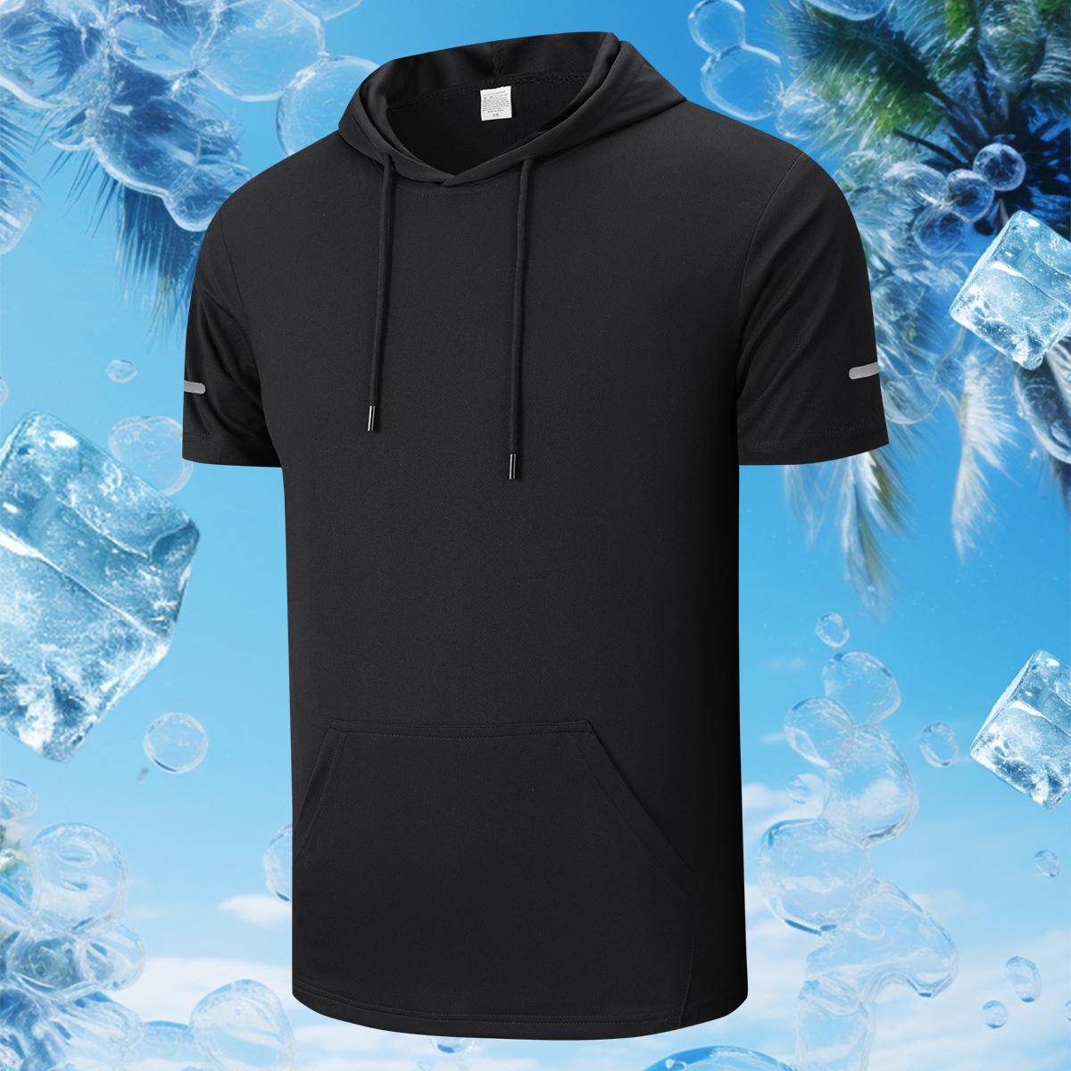 Men's sports hooded T-shirt with kangaroo pocket, breathable and quick-drying fabric, suitable for running and exercising, indoor fitness, etc