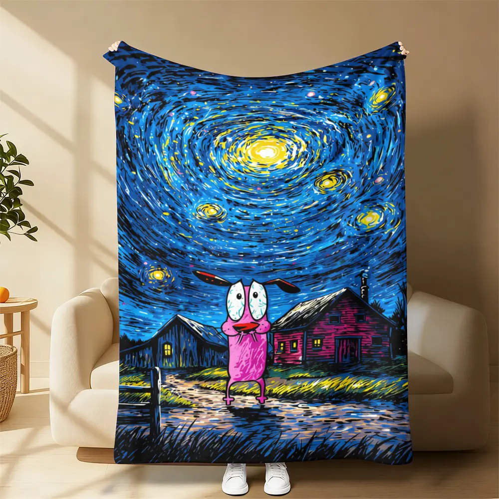 Countdown Sale! Van Gogh-Style Starry Night x Courage the Cowardly Dog Fuzzy Flannel Throw Blanket - Contemporary Art-Inspired, 4-Season Lightweight Cozy Flannel Blankets for Couch/Bedroom, Fan Gift for Home & Travel