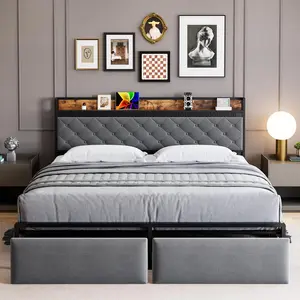 【GARVEE】King Bed Frame with RGB LED Lights Headboard & 2 Storage Drawers, Storage Headboard, Upholstered Platform Bed with USB Ports & Outlets, Noise Free, No Box Spring Needed, Grey