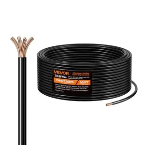 VEVOR 12 AWG THHN Wire, 19-Stranded, 100 OFC Copper Electrical Building Wire with Nylon Jacket, Rated for Up to 600 Volts, for Indoor Outdoor Use, Commercial, Industrial, Residential, Black (100 ft)