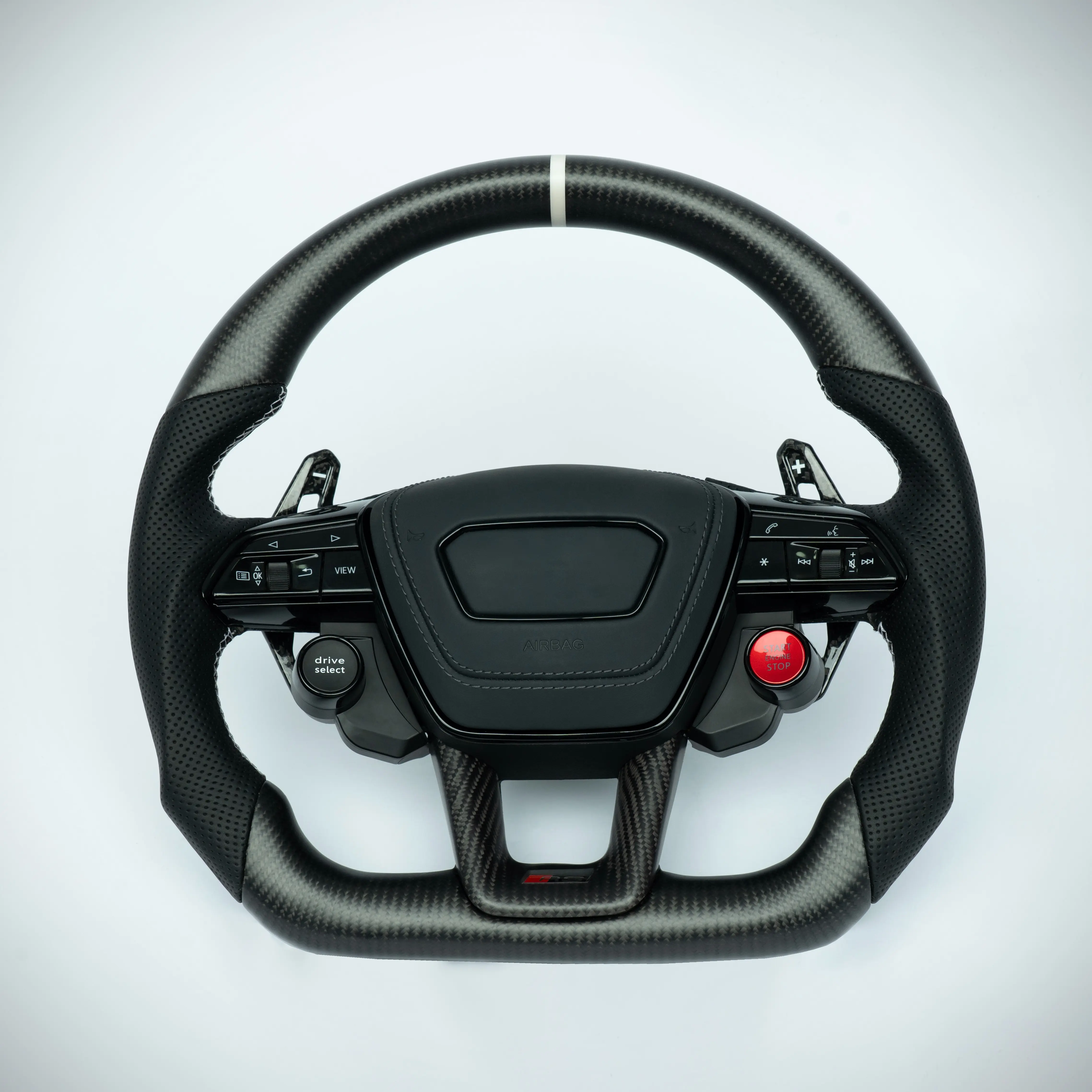 Audi Flat-Bottom Matte Carbon Fiber Steering Wheel - Suede Grip, White Center Marker, Car Interior Upgrade Accessory, Car Interior Decor
