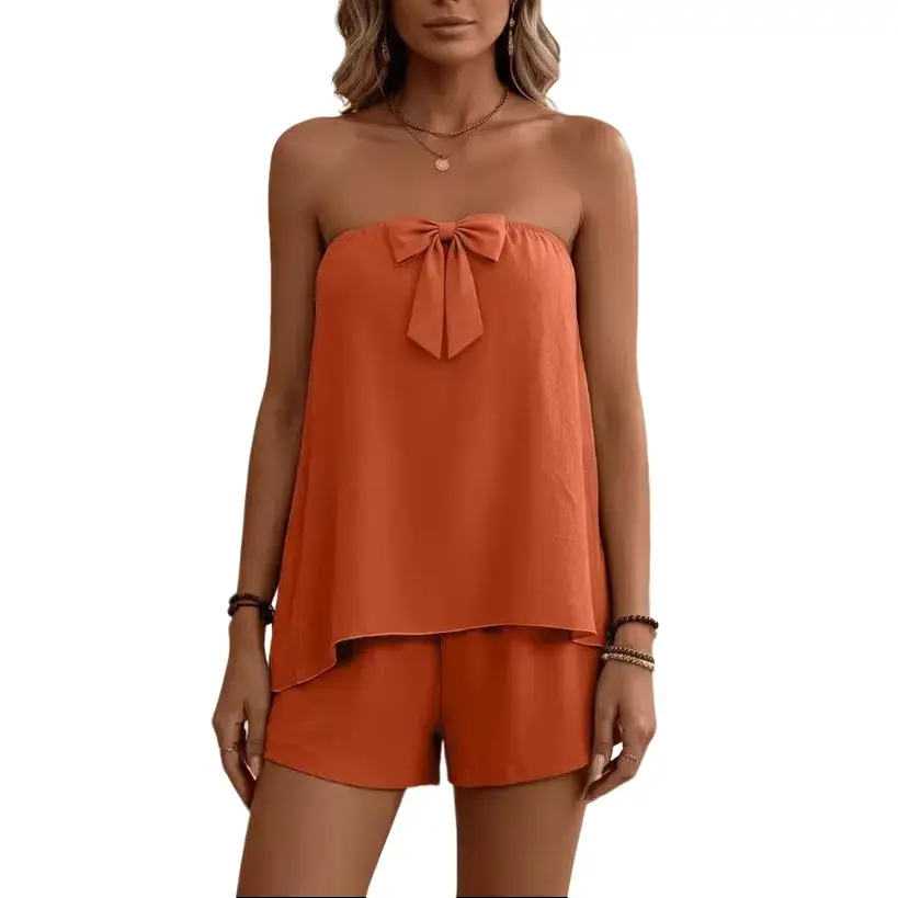 Women's 2 Piece Outfit Set, Strapless Bow Front Tube Top & Elastic Waist Shorts, Flowy Lightweight Summer Vacation Casual Wear, Floral, Minimalist, Pyjama Sets, Breathable, Sleeveless, Polyester, Chic, Pull On, Relaxed, Xl