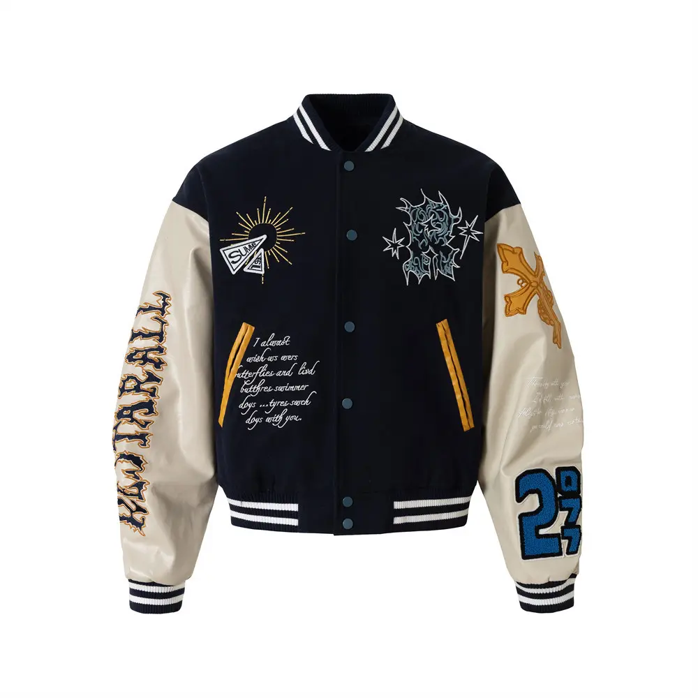 Inflation Men's Stylish Long-Sleeve Cropped Boxy Fit Baseball Jacket - Unisex, Women's Tops, Outerwear, Polyester, Embroidered Letters, Color-Block PU Leather Sleeves, Minimalist Casual Fall Winter Street Wear Coat