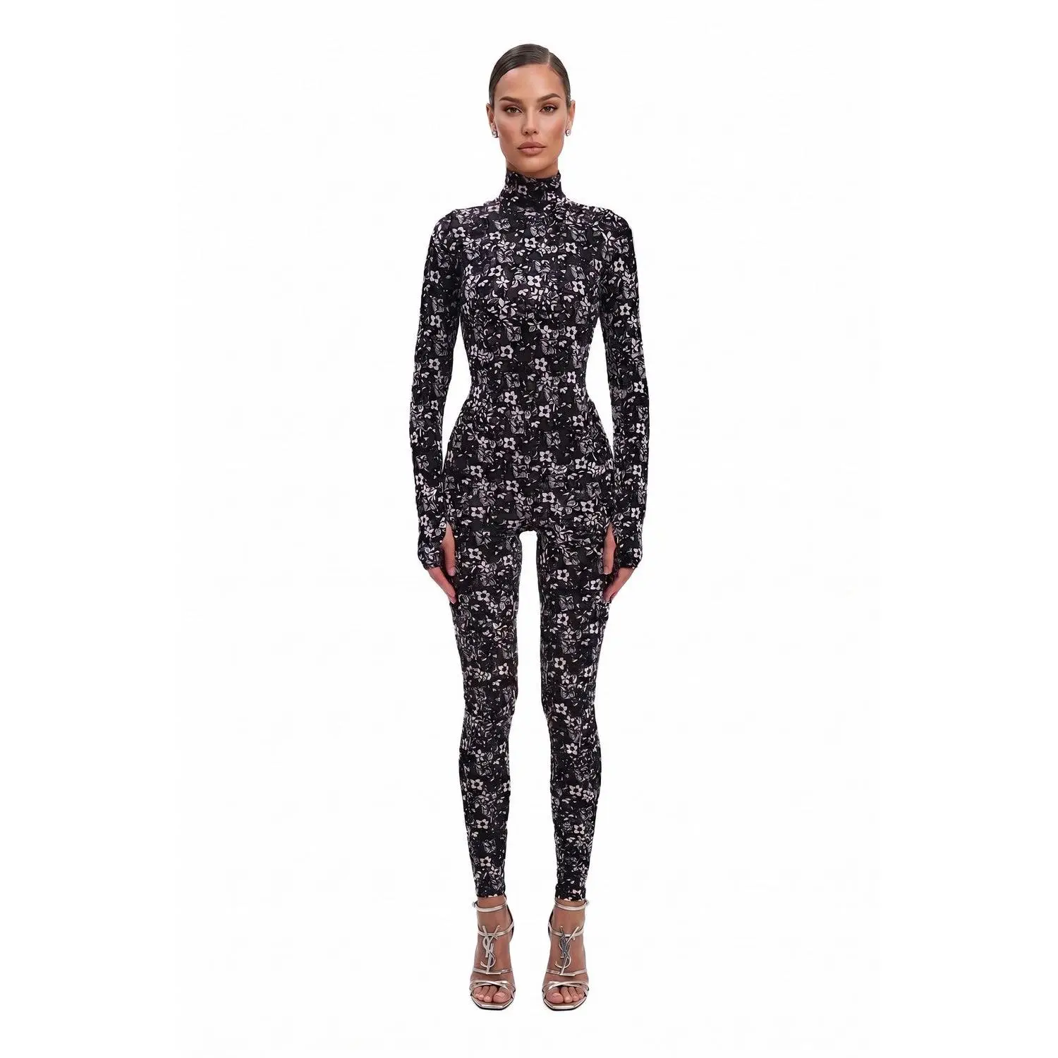 Noir Blossom Long Sleeve High Neck Full Bodysuit Total Black & White