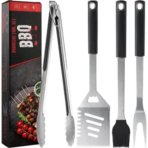 Griddle Accessories Kit - Grilling Accessories, Stainless Steel Heavy Duty Grill Tools Set with Spatula, Fork, Tongs, Brush and -Box for Outdoor Barbecue,  Grill (4PCS)