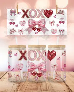 Valentine's Day - Rhinestone - XOXO #2 UVDTF Sticker Wrap For 16 oz Libbey Glass Cup