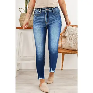 Blue Raw Hem Ankle-length Skinny Jeans