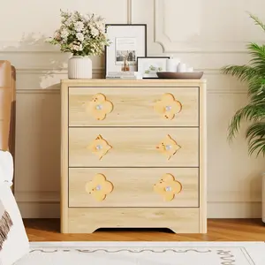 30.4" Tall 3 Drawer Wood Dresser with Decorative Fronts & Crystal Knobs, Bedroom Storage Chest
