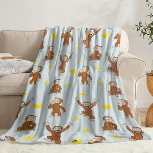 Soft Flannel Throw Blanket - Curious George Monkey & Banana Pattern - Cozy, Warm Light Blue Cartoon Design for Sofa, Bed, or Office - Perfect Gift for Friends & Family, Cute Throw Blanket-280GSM