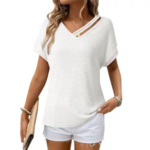 Dokotoo Womens Summer Tops Off Shoulder Waffle Knit Short Sleeve V Neck T-Shirts Loose Casual Cut Out Blouses Tops
