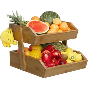 2 Tier Fruit Basket for Kitchen Counter, Large Capacity Fruit Storage Countertop, Fruit Holder, Wooden Pantry Organizers and Storage, Kitchen Countertop Organizer With 2 Banana Hangers (Walnut)