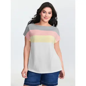 BLOOMCHIC Women's Plus Size Color Stripe Boat Neck T-Shirt Spandex-Rayon Fabric Casual Garment Short Sleeves Regular Fit M-6X Sizes 2026 Summer Vibes Swimweek