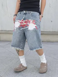 Men's Graffiti Ink Edge Denim Shorts, Light Blue Washed Summer Loose Fit Streetwear, Music Festival Exclusive, Casual Five-Quarter Pants