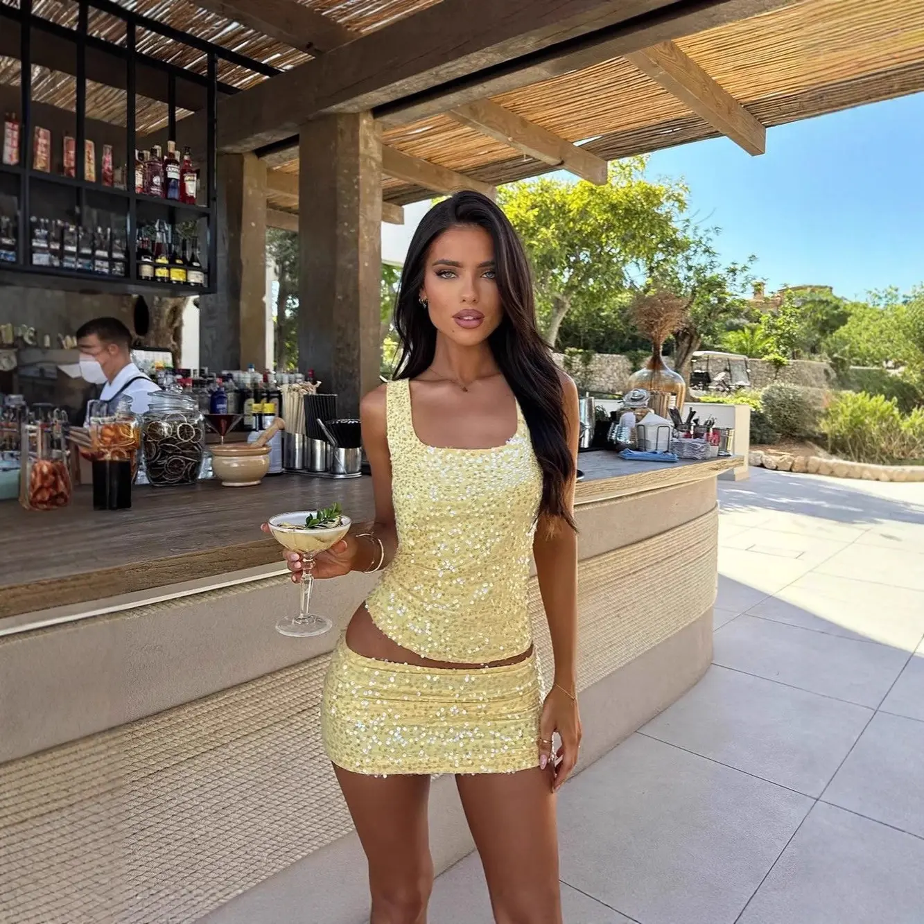 Women's Sexy Low-Waist Short Skirt Party Sequin Camisole Set Wholesale