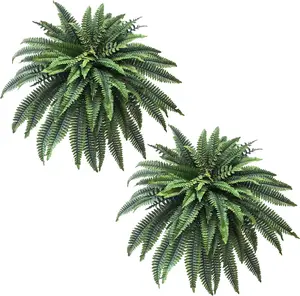 2Pcs Artificial Boston Fern Plant with 38 Branches Summer Vibes Faux Greenery for Indoor Outdoor Home Decor Realistic Hanging Fern Full & Lush Needs expansion