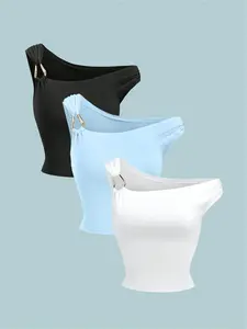 Women's Asymmetrical Neckline Tight-Fitting Top, Fashionable Multi-Style Sleeve Design, Casual Daily Wear, Stylish Women's Clothing Fitted