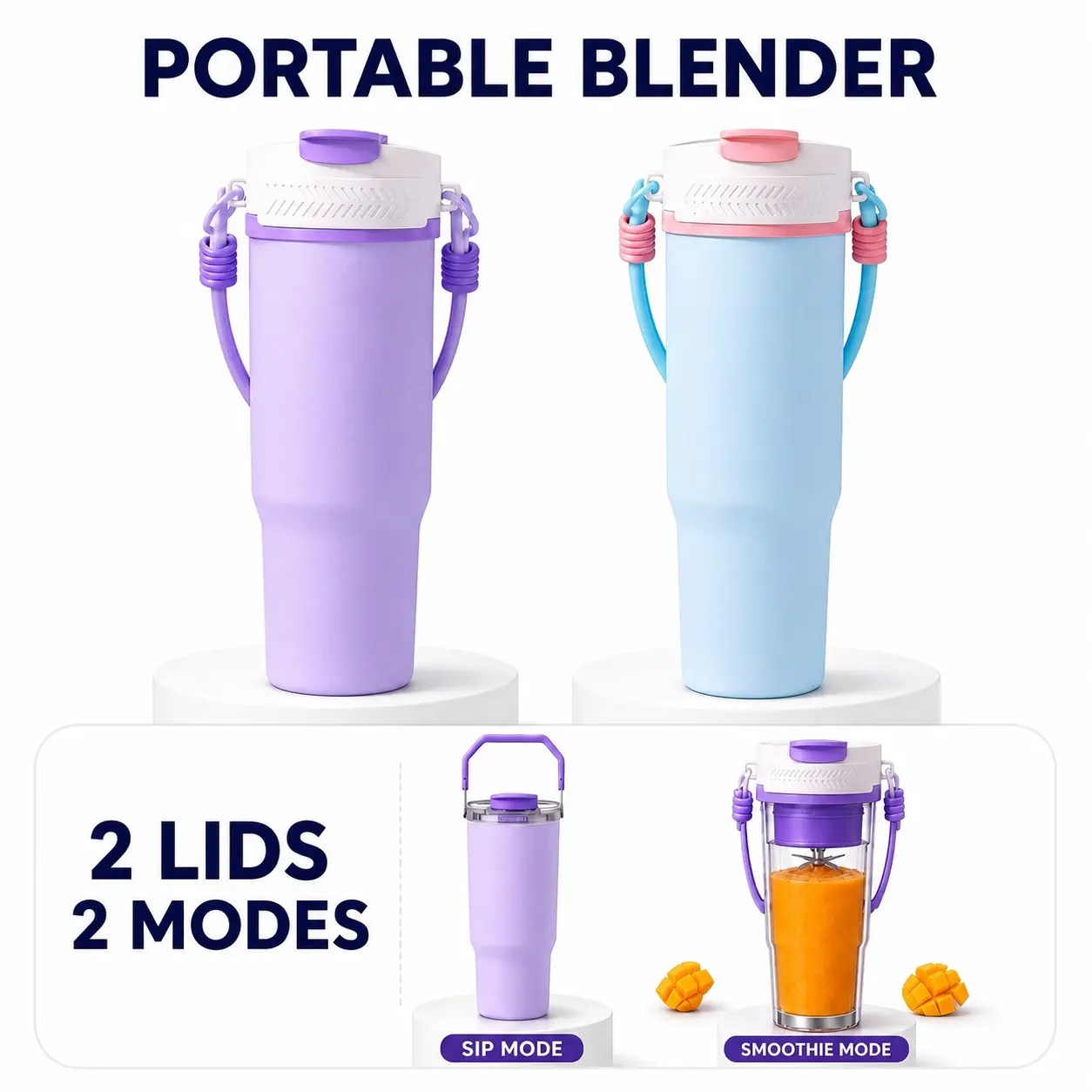 30oz Cordless Portable Blender Cup, Food-Grade 304 Stainless Steel Insulated Tumbler, BPA-Free & Leak-Proof, USB Rechargeable Blender with Dual Lids, 12 Blades, Self-Cleaning & Ice Crushing, 12+ Hr Hot/Cold Insulation for Smoothies, Travel, School & Gym