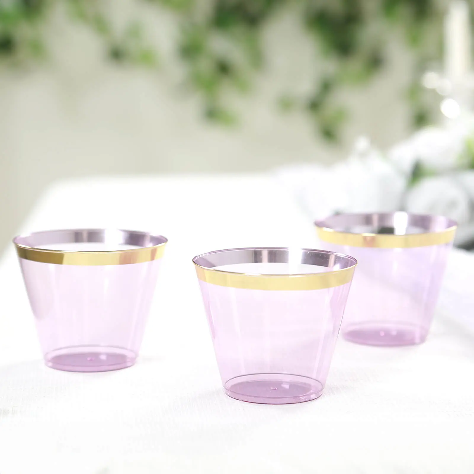 25-Pcs Crystal Look Disposable Cups - 9oz Short Size Purple Plastic Party Cups with Gold Rim, Wedding & Festive Home Supplies Disposable Tableware