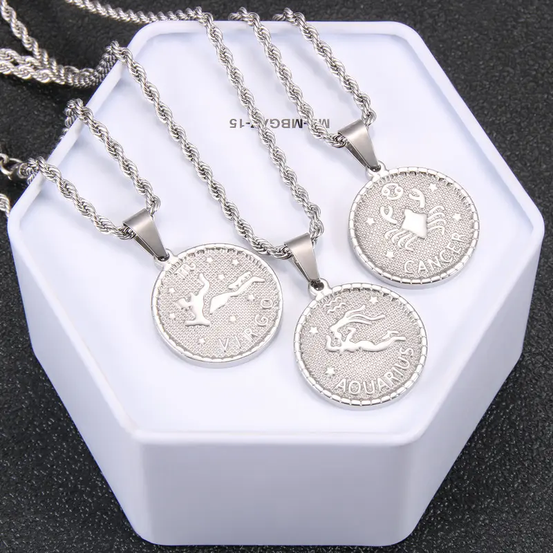 Unisex Silver-White Chinese Zodiac Costume Necklace, Ideal for Aries, Cancer, Gemini, Sagittarius, Virgo Fashion Accessory, Capricorn, Scorpio, Aquarius, Pisces, 12 Constellation Symbols, 51Cm To 80Cm, Casual, Libra, Twisted Chain