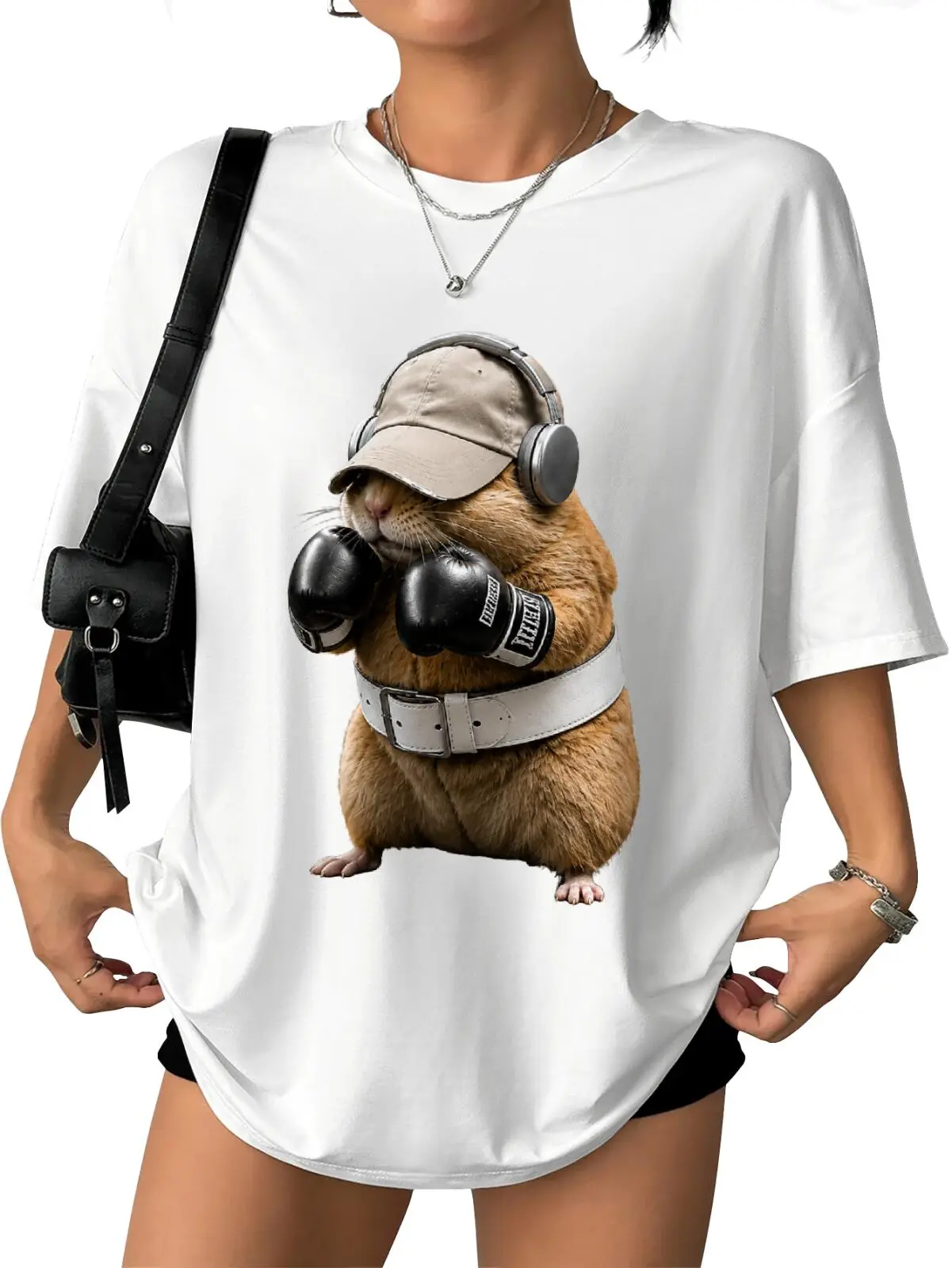 ADDICTIVEF unny Boxing Hamster T-Shirt | Unisex Graphic Tee, Headphone Gym Rat Shirt, Cool & Quirky Streetwear Top for Men & Women