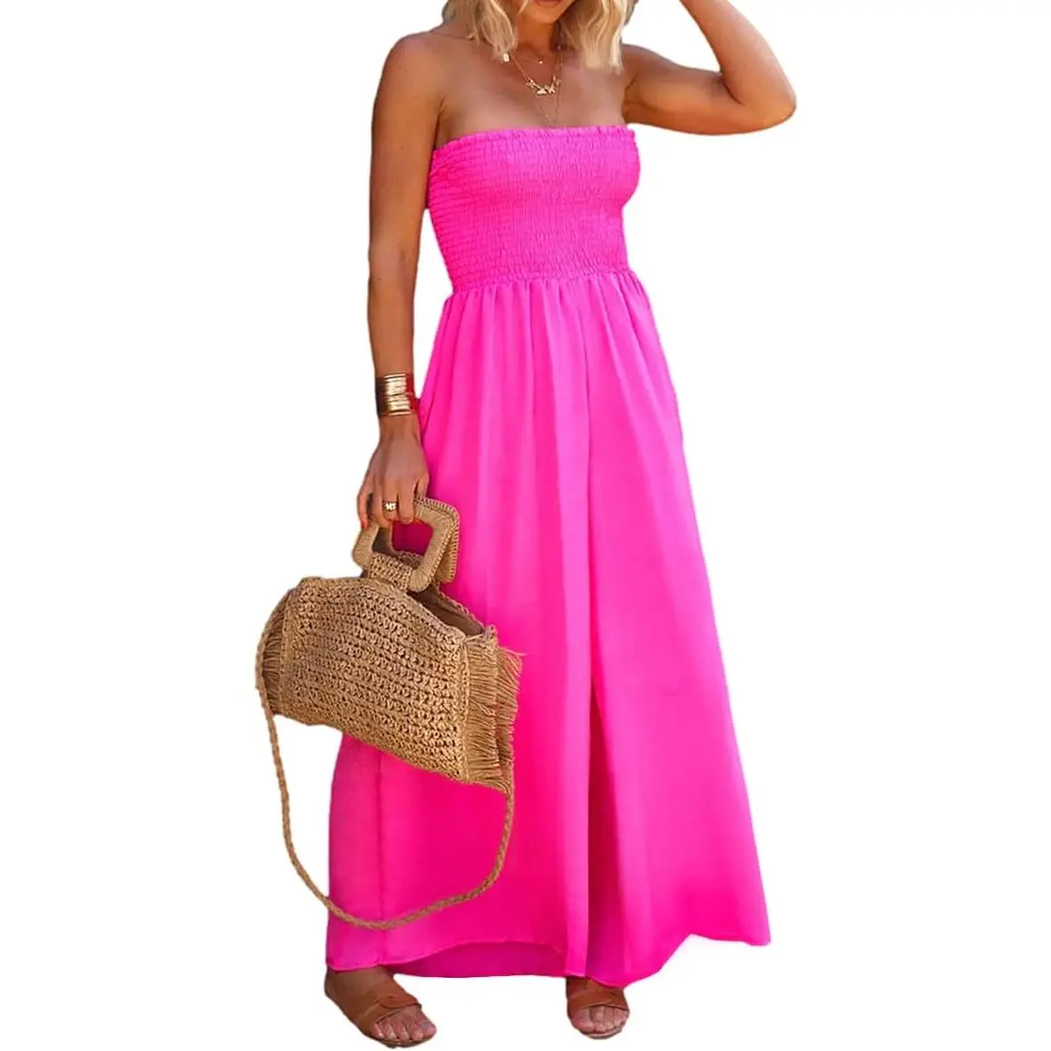 Women's Strapless Sleeveless Smocked Chiffon Overalls - Minimalist, Basic, Breezy & Casual Wide Leg Jumpsuits with Pockets for Summer