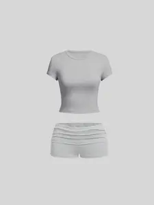 Elegant Casual Plain Color Tee + Stylish High-Waisted Comfortable Shorts Set, Perfect for Daily Wear & Trendy