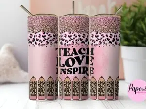 T Cuts Creations 20oz Stainless Steel Portable Tumbler - Leopard Print, Teach Love Inspire, Non-Toxic Plastic-Free Reusable Kitchenware Drinkware Water Bottle for Everyday Use, Non-Toxic Water Bottles, Plastic-Free Water Bottles