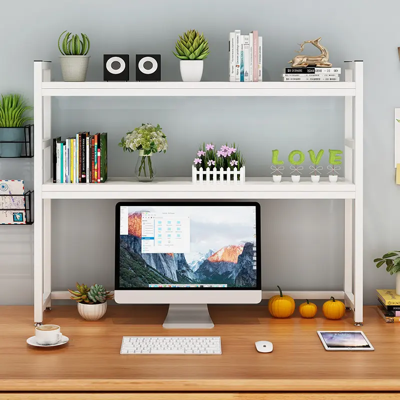 CNCEST 2-Tier Adjustable Modern Wooden Desk Organizer Rack - Home Office Workstation Bookshelf for Desktop Accessories, Computer Desk Supplies, Office Storage & Easy Setup, Computer Desk Accessories